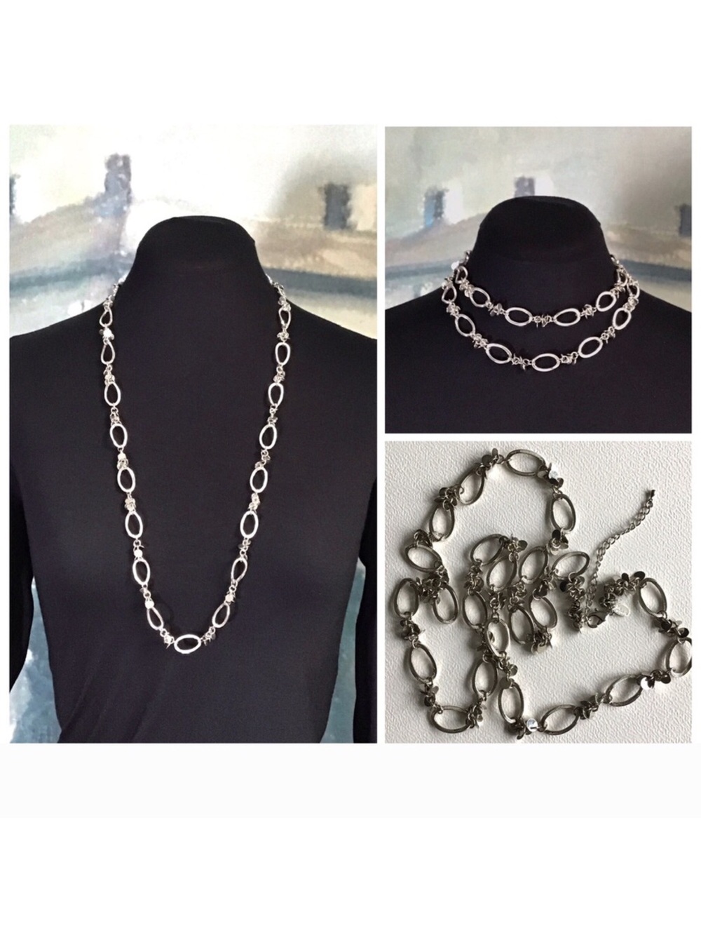 34” + 3” Lia Sophia Silver Link and Small Circle Disc Necklace